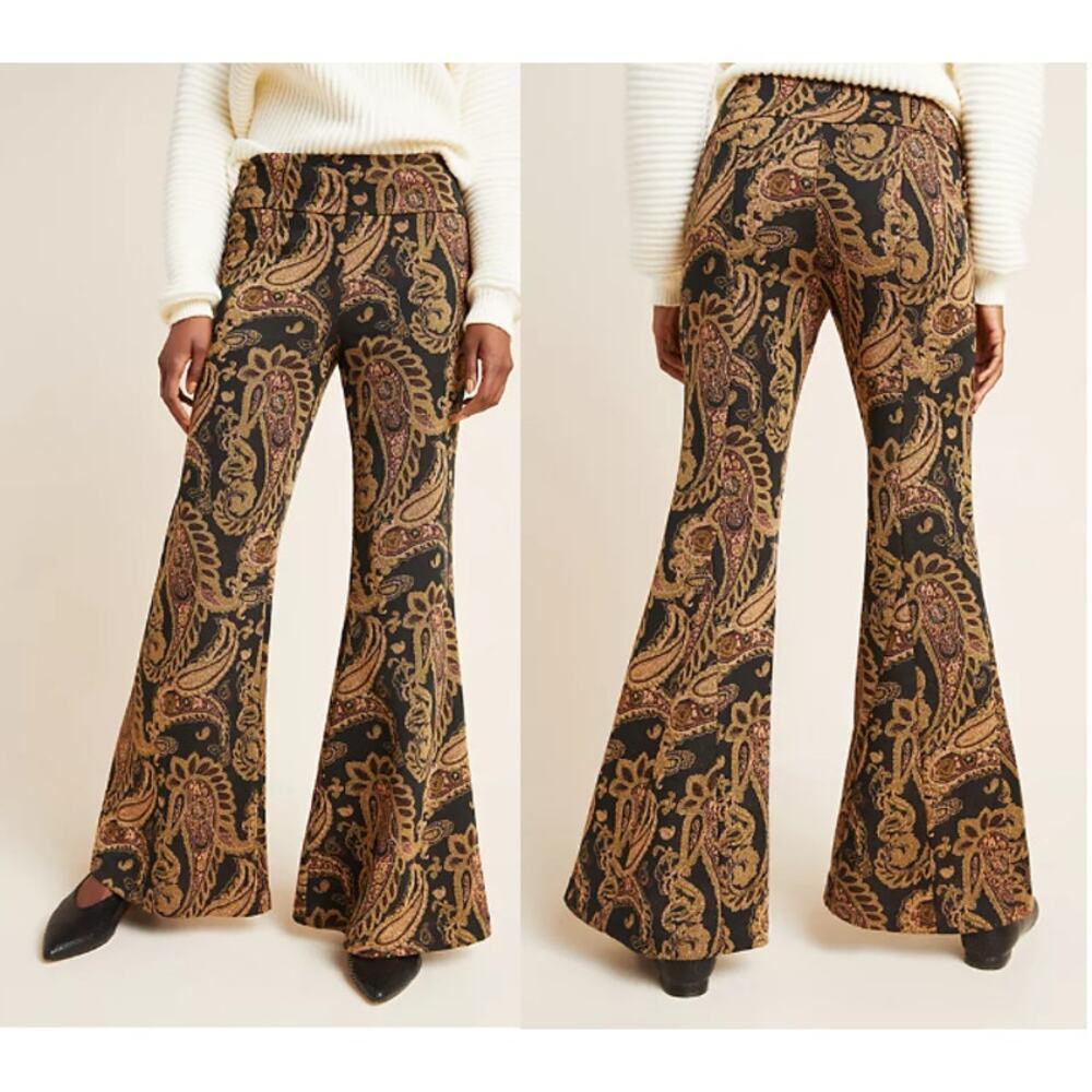 Anthropologie Viviana Jacquard Paisley Flared Trousers Black/Gold Women's US 6